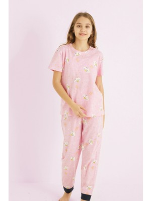 Siyah İnci Pembe Kız Çocuk %100 Pamuk Baskılı Bisiklet Yaka Pijama TAKIM25110057