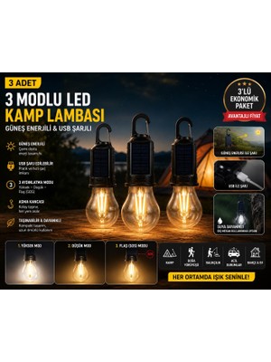 Home Dekor Hediye 3 Adet Güneş Enerjili USB Şarjlı 3 Modlu LED Asma Kancalı Taşınabilir Kamp Feneri Aydınlatma Lambası