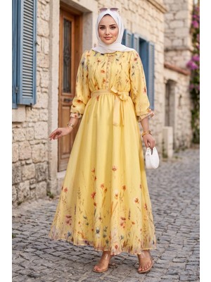 Hafsa Mina Çiçek Desenli Astarlı Kuşaklı Elbise Sarı HM2923