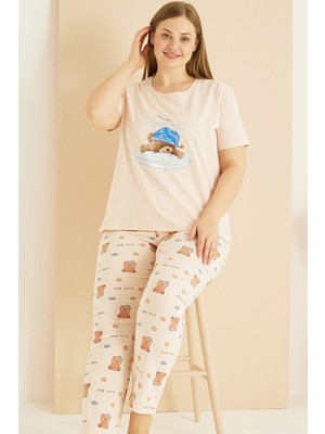 Siyah İnci Somon Desenli Curve Büyük Beden Battal Boy Pamuklu Pijama TAKIM25103766