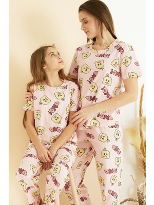 Siyah İnci Pembe Desenli Pamuklu Bisiklet Yaka Örme Pijama TAKIM25107155