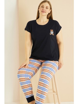 Siyah İnci Siyah Desenli Curve Büyük Beden Battal Boy Pamuklu Pijama TAKIM25103751