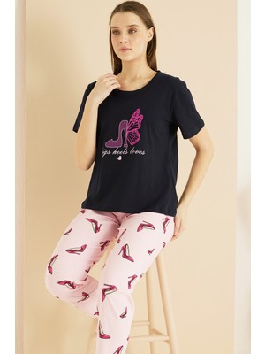 Siyah İnci Lacivert Desenli Pamuklu Bisiklet Yaka Örme Pijama TAKIM25103264
