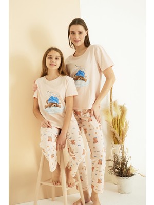Siyah İnci Somon Desenli Pamuklu Bisiklet Yaka Örme Pijama TAKIM25107144