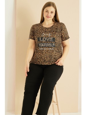 Siyah İnci Leopar Desenli Curve Büyük Beden Battal Boy Pamuklu Pijama TAKIM25103743