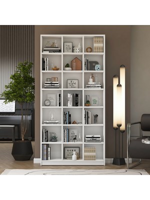 Rani HC128 Kitaplık 18 Raflı Çalışma Odası Kütüphane Modern Duvar Rafı Beyaz