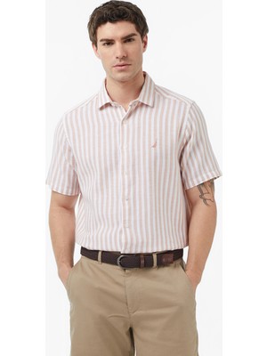 Nautica Erkek Bej Regular Fit Kısa Kollu Çizgili Gömlek