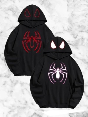 Çamaşır Kenti Sevgili Çift Kombini Örümcek Baskılı Kapüşonlu Sweatshirt Hoodie