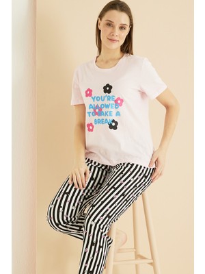 Siyah İnci Açık Pembe Desenli Pamuklu Bisiklet Yaka Örme Pijama TAKIM25103261