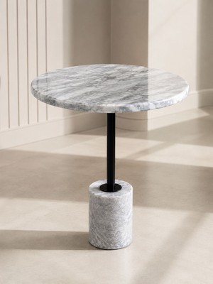 Zekmar Home Stone Doğal Gri Mermer Siyah Metal Yan Sehpa | Modern Minimal Tasarım