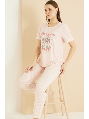 Siyah İnci Pembe Beyaz Çizgi Desenli Pamuklu Bisiklet Yaka Örme Pijama TAKIM25103225