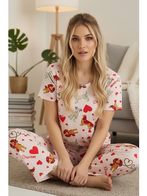 Siyah İnci Pembe Desenli Pamuklu Bisiklet Yaka Örme Pijama TAKIM25103252