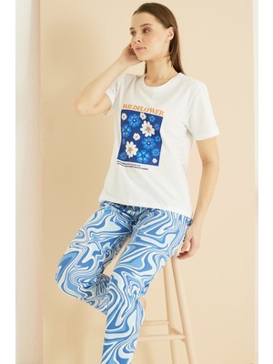 Siyah İnci Ekru Desenli Pamuklu Bisiklet Yaka Örme Pijama TAKIM25103246