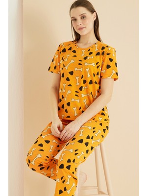 Siyah İnci Turuncu Desenli Bisiklet Yaka Örme Pijama TAKIM25103190