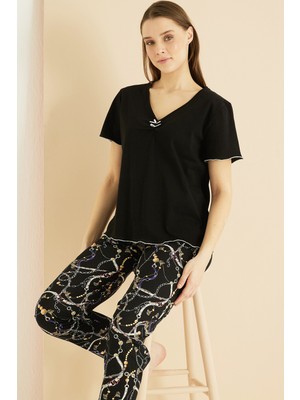 Siyah İnci Siyah Desenli Pamuklu Bisiklet Yaka Örme Pijama TAKIM25103221