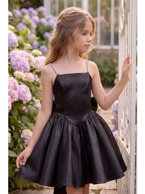 Butik Happy Kids  Kız Çocuk Abiye  Siyah Monoray Parlak Kumaş Taş Askılı Fiyonklu  Kalarık Prenses Abiye Elbise 9-12 Yaş Mezuniyet Düğün Davet Elbisesi