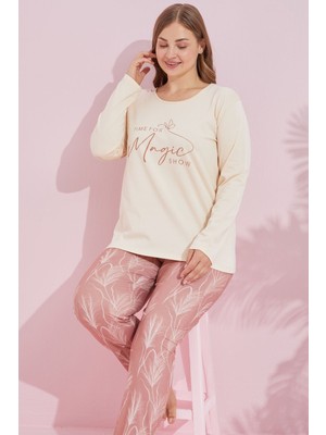Siyah İnci Krem Çokrenkli Pamuklu Curve Büyük Beden Battal Boy Örme Pijama TAKIM24240750