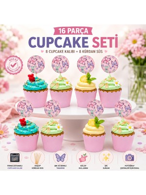 Bkmc Kelebek Cupcake Süsü ve Cupcake Kalıbı Seti 8+8 Parça | Doğum Günü, Baby Shower, Diş Buğdayı Parti Malzemesi