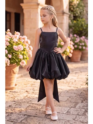 Butik Happy Kids Kız Çocuk Abiye Siyah Monoray Parlak Kumaş Balon Etekli Askılı  Fiyonklu Abiye Elbise 9-12 Yaş Doğum Günü Düğün Davet Elbisesi