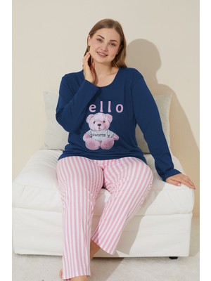 Siyah İnci Indigo Baskılı Pamuklu Curve Büyük Beden Battal Boy Örme Pijama Takım 24240660