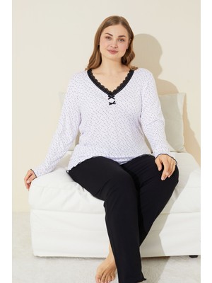 Siyah İnci Beyaz Puan Desenli Pamuklu Curve Büyük Beden Battal Boy Örme Pijama Takım 24240654