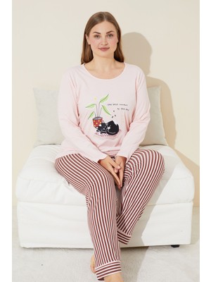 Siyah İnci Somon Baskılı Pamuklu Curve Büyük Beden Battal Boy Örme Pijama Takım 24240672