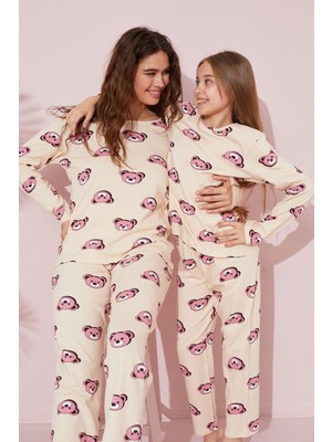 Siyah İnci Krem Ayıcık Desenli Pamuklu Örme Pijama Takım 24241114
