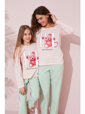 Siyah İnci Pembe Baskılı Pamuklu Örme Pijama Takım 24241082