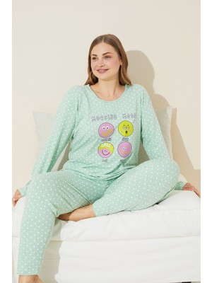 Siyah İnci Yeşil Baskılı Pamuklu Curve Büyük Beden Battal Boy Örme Pijama Takım 24240675