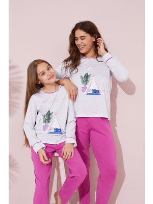 Siyah İnci Gri Baskılı Pamuklu Örme Pijama Takım 24241087