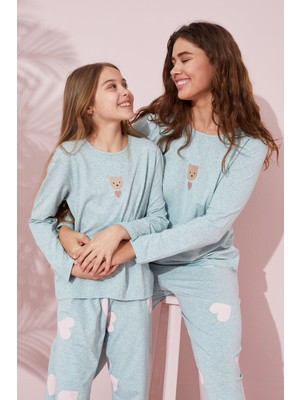 Siyah İnci Yeşil Nakışlı Pamuklu Örme Pijama Takım 24241067