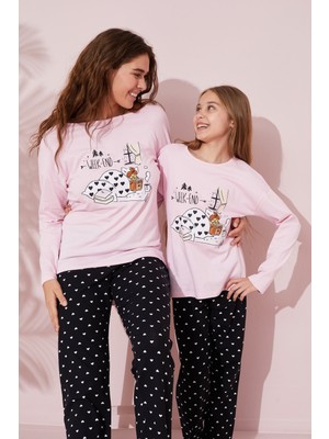 Siyah İnci Pembe Baskılı Pamuklu Örme Pijama Takım 24241101