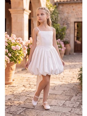 Butik Happy Kids Kız Çocuk Abiye Beyaz Monoray Parlak Kumaş Balon Etekli Askılı  Fiyonklu Abiye Elbise 9-12 Yaş Doğum Günü Düğün Davet Elbisesi