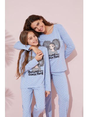 Siyah İnci Mavi Baskılı Pamuklu Örme Pijama Takım 24241084
