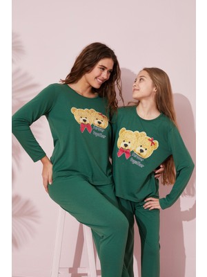 Siyah İnci Yeşil Baskılı Pamuklu Örme Pijama Takım 24241068