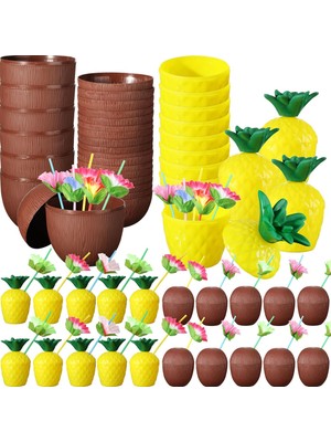 Mayf Tropikal Parti Bardak Seti – Ananas ve Hindistan Cevizi Şekilli Pipetli Bardaklar (20 Adet) (5332)