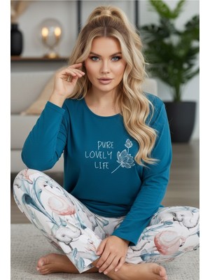 Siyah İnci Yeşil Çokrenkli Pamuklu Curve Büyük Beden Battal Boy Örme Pijama TAKIM24240748