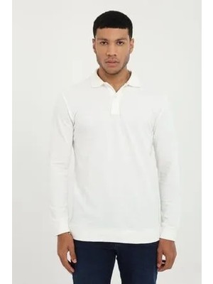 Dufy Beyaz Polo Yaka Ribanalı Sweatshirt %100 Pamuk