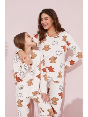 Siyah İnci Ekru Ayıcık Desenli Pamuklu Örme Pijama Takım 24241081