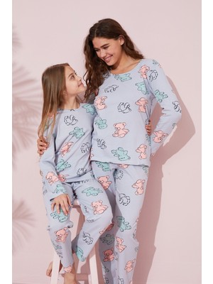 Siyah İnci Mavi Ayıcık Desenli Pamuklu Örme Pijama Takım 24241076