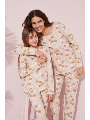 Siyah İnci Bej Ayıcık Desenli Pamuklu Örme Pijama Takım 24241098