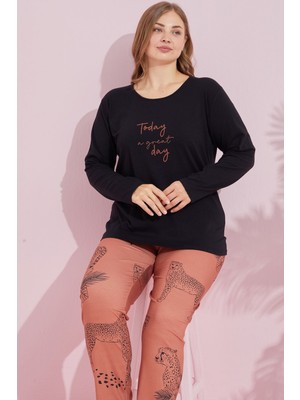 Siyah İnci Siyah Çokrenkli Pamuklu Curve Büyük Beden Battal Boy Örme Pijama TAKIM24240740