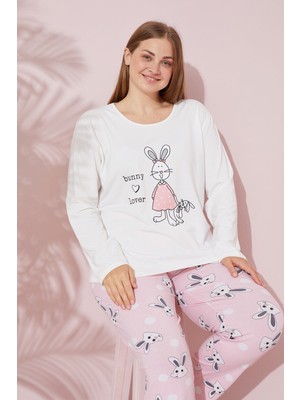 Siyah İnci Ekru Baskılı Pamuklu Curve Büyük Beden Battal Boy Örme Pijama Takım 24240720