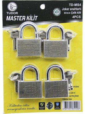 Mayf Tudor Td-Ms4 Master 4pcs Joker Anahtarlı=tek Anahtarla 4 Kilit Aç  60MM - Gri Kısa Kancalı Çelik Asma Kilit (5332)