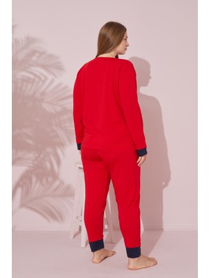 Siyah İnci Kırmızı Baskılı Pamuklu Curve Büyük Beden Battal Boy Örme Pijama Takım 24240708