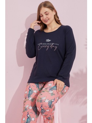 Siyah İnci Lacivert Çokrenkli Pamuklu Curve Büyük Beden Battal Boy Örme Pijama TAKIM24240746