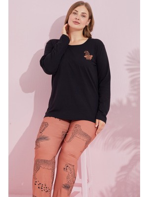 Siyah İnci Siyah Çokrenkli Pamuklu Curve Büyük Beden Battal Boy Örme Pijama TAKIM24240734