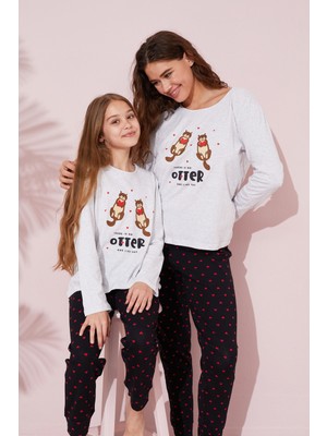 Siyah İnci Gri Baskılı Pamuklu Örme Pijama Takım 24241062