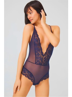 Homay Dantelli Transparan Derin Dekolteli Çapraz Sırt Detaylı Çıtçıtlı Bodysuit