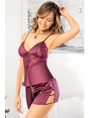 Homay 2'li Dantel Gövdeli Yırtmaçlı Şortlu Saten Pijama Takımı